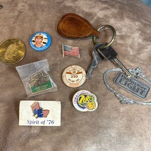Vintage Advertising pins, coin, key chain and pewter Budweiser ornament